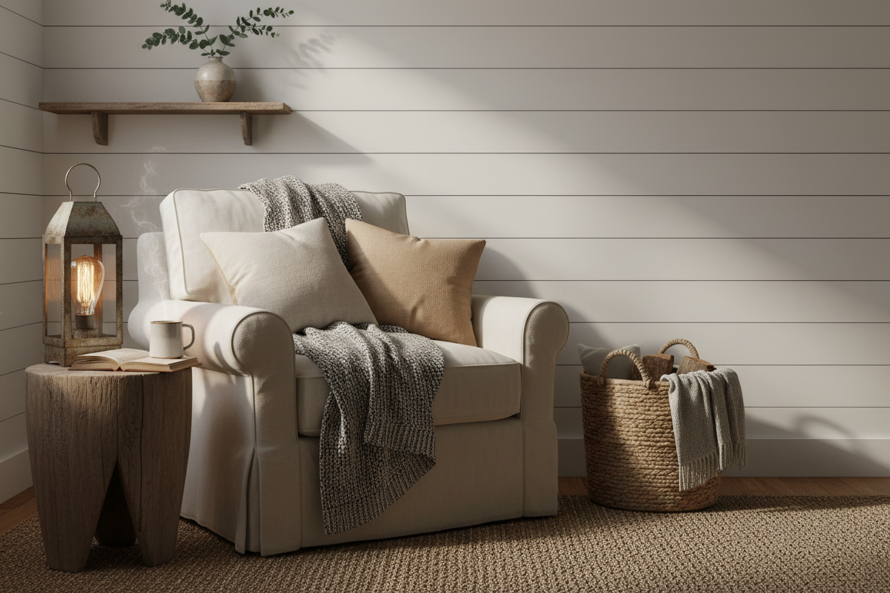 Cozy living room corner with a white armchair, side table, and decorative items.