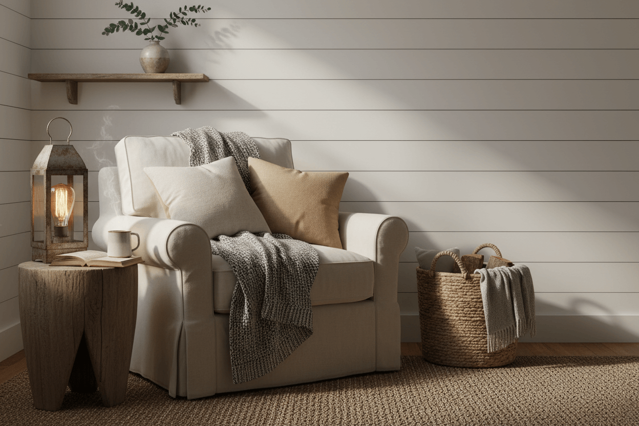 Cozy living room corner with a white armchair, side table, and decorative items.