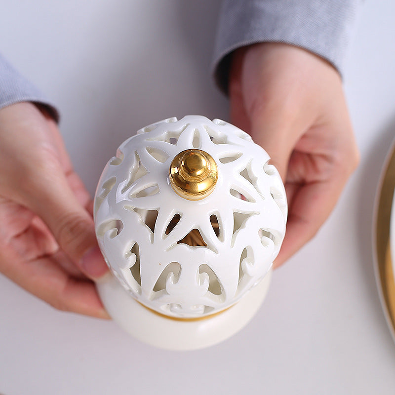 White Ceramic Toothpick Box – Gilt Hollow Vintage Design