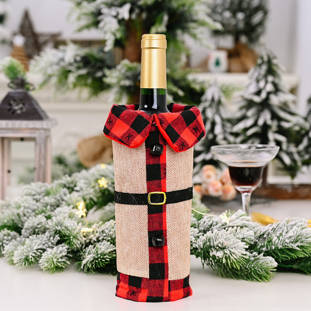 Wine bottle wrapped in a red and black checkered pattern with a plaid collar, set against a festive background.