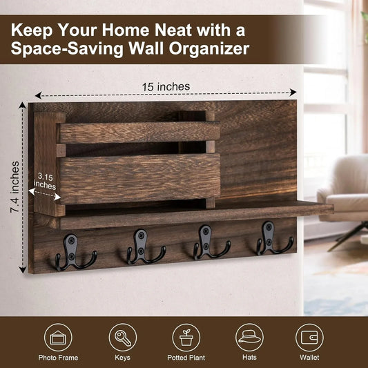 Key and Mail Holder for Wall Decorative - Rustic Mail Organizer Wall Mount, Wooden Letter Sorter Organizer with 4 Key Rack Hooks for Hallway Kitchen Farmhouse Decor (Brown) - Nanna's Unique Findings