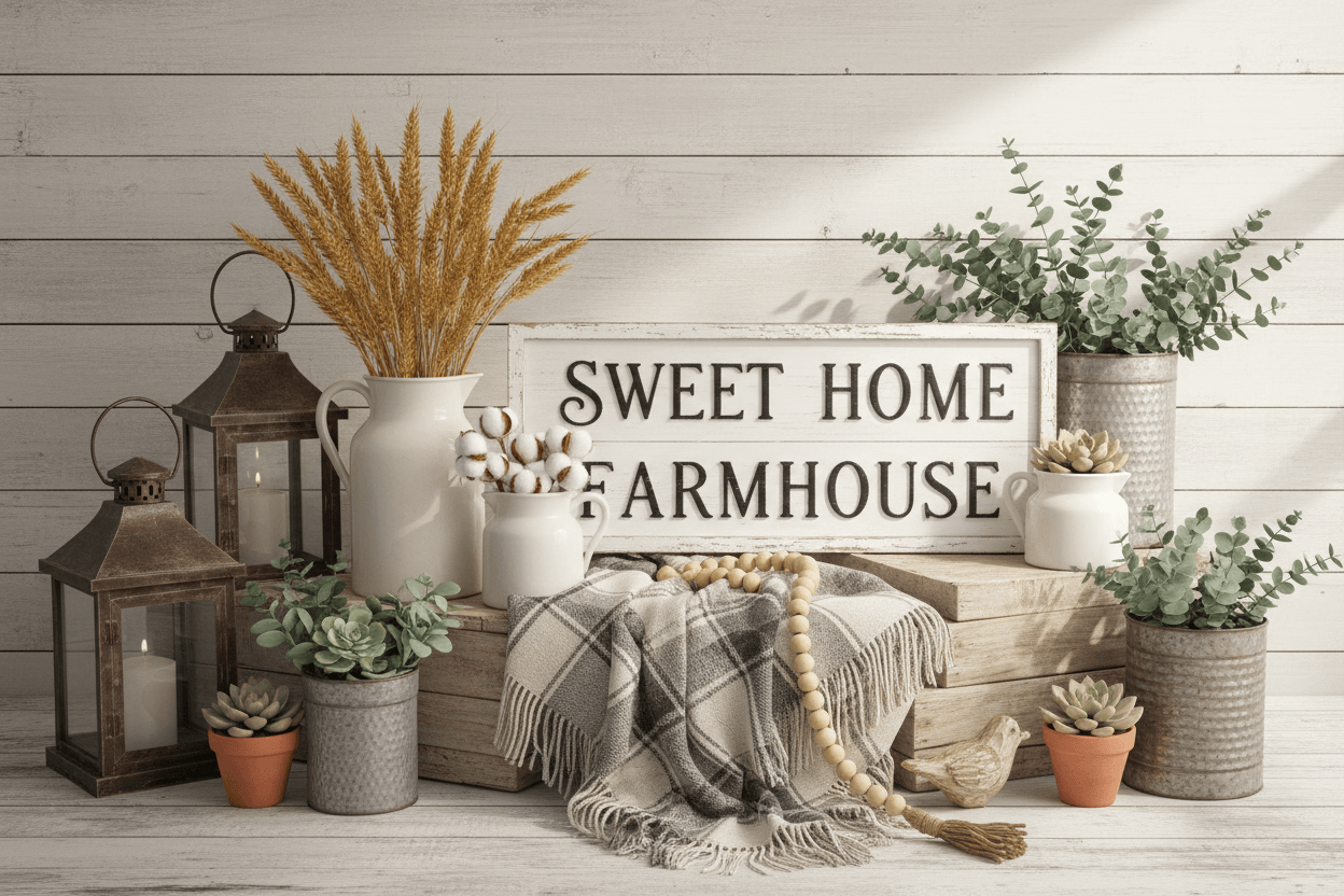 Decorative setting with 'Sweet Home Farmhouse' sign, lanterns, and plants on a wooden floor.