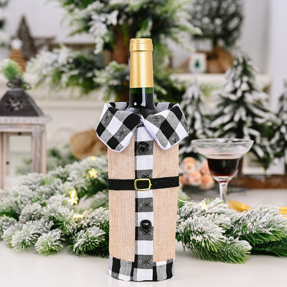 Wine bottle wrapped in a checkered cover with a festive background