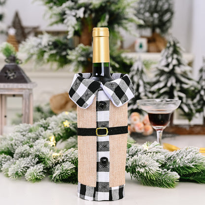 Wine bottle wrapped in a checkered cover with a festive background