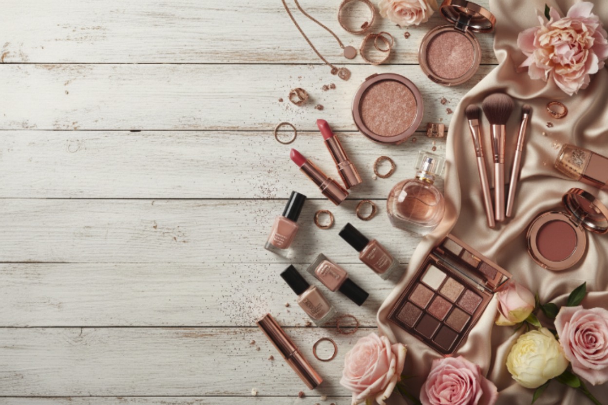 Makeup products including lipsticks, nail polishes, and a palette on a wooden surface with flowers.