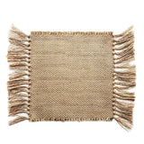 Beige woven placemat with fringe on a white background