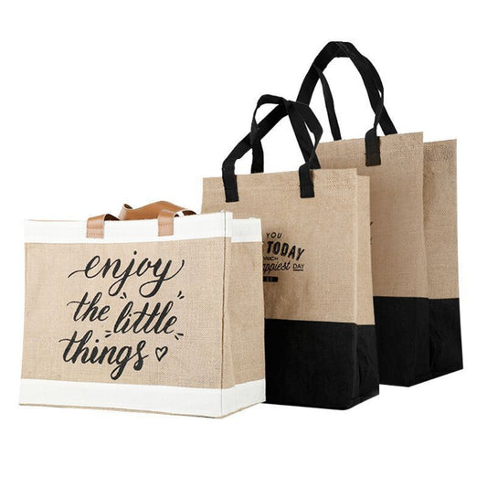 Three jute bags with printed text on a white background