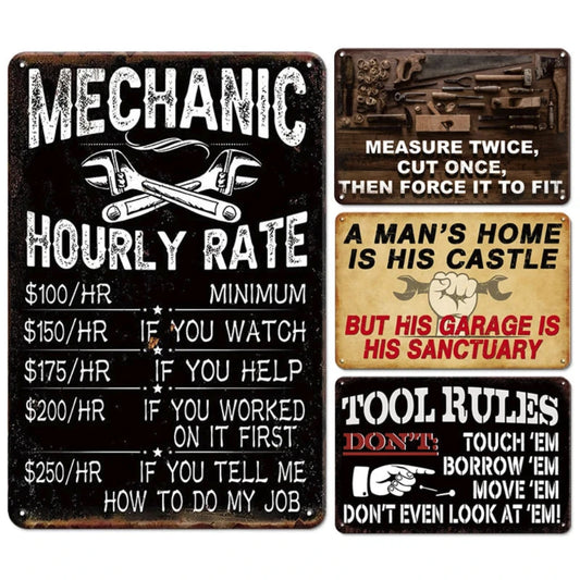Collection of vintage-style metal signs with humorous and motivational phrases.