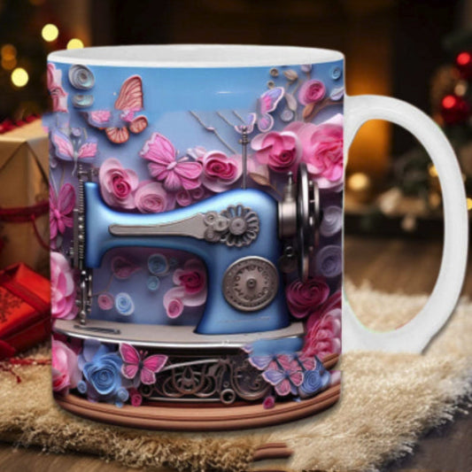 Decorative mug with a sewing machine and floral design on a blurred background