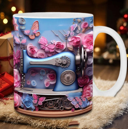 Decorative mug with a sewing machine and floral design on a blurred background