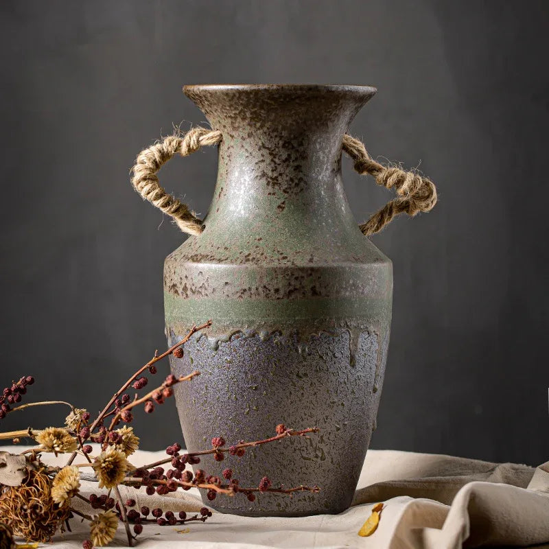 🌾 Bronze Design Rustic Ceramic Floor Vase – 12 Inch with Rope Handle - Nanna's Unique Findings