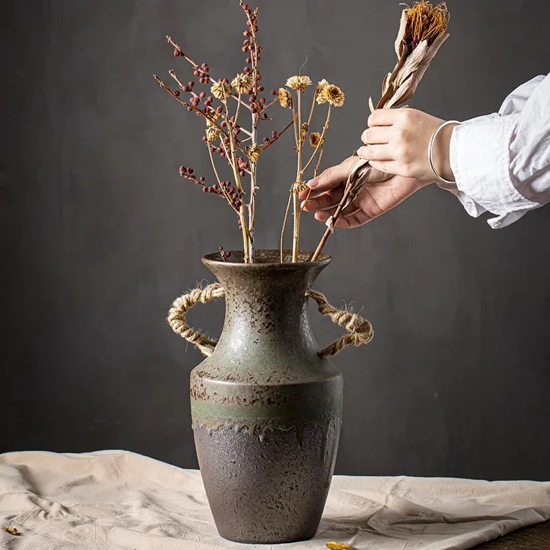 🌾 Bronze Design Rustic Ceramic Floor Vase – 12 Inch with Rope Handle - Nanna's Unique Findings