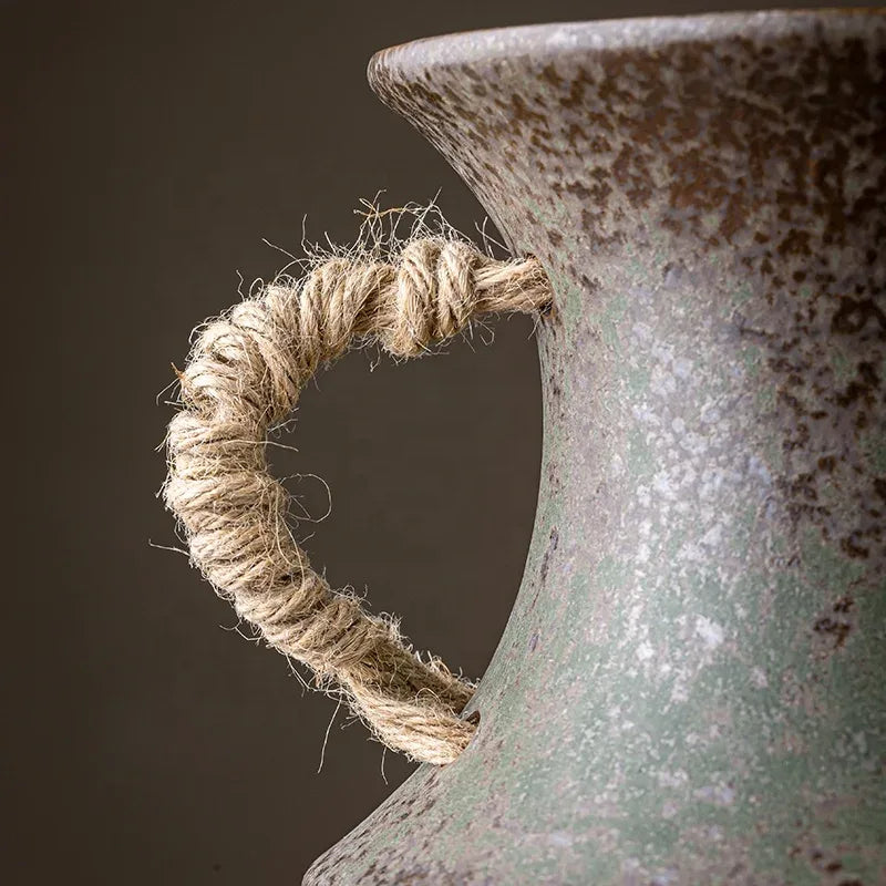 🌾 Bronze Design Rustic Ceramic Floor Vase – 12 Inch with Rope Handle - Nanna's Unique Findings