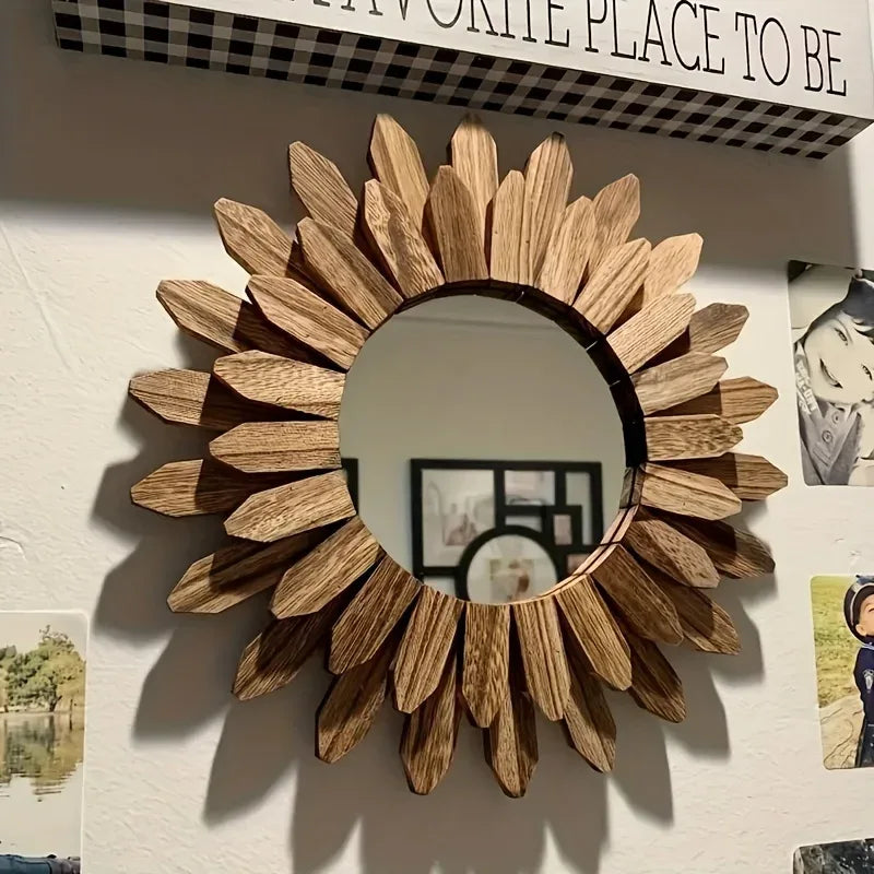 Wooden Sunflower Wall‑Mounted Mirror – Rustic Reflections - Sunflower Mirrors - Nanna's Unique Findings