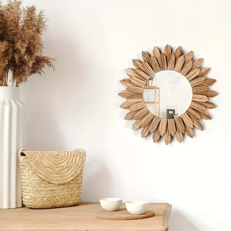Wooden Sunflower Wall‑Mounted Mirror – Rustic Reflections - Sunflower Mirrors - Nanna's Unique Findings