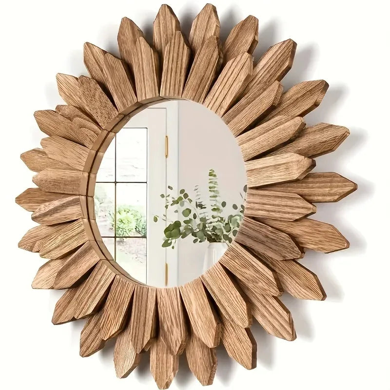 Wooden Sunflower Wall‑Mounted Mirror – Rustic Reflections - Sunflower Mirrors - Nanna's Unique Findings