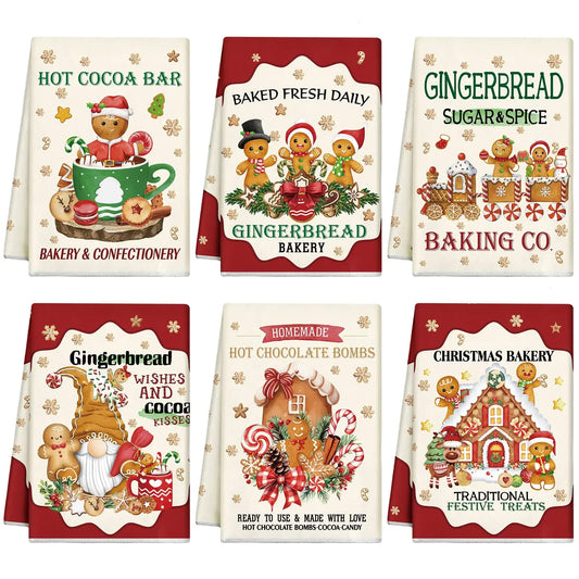 Hosuly 6‑Piece Christmas Kitchen Towels — Gingerbread, Hot Cocoa Gnome & Festive Candy Designs - Nanna's Unique Findings