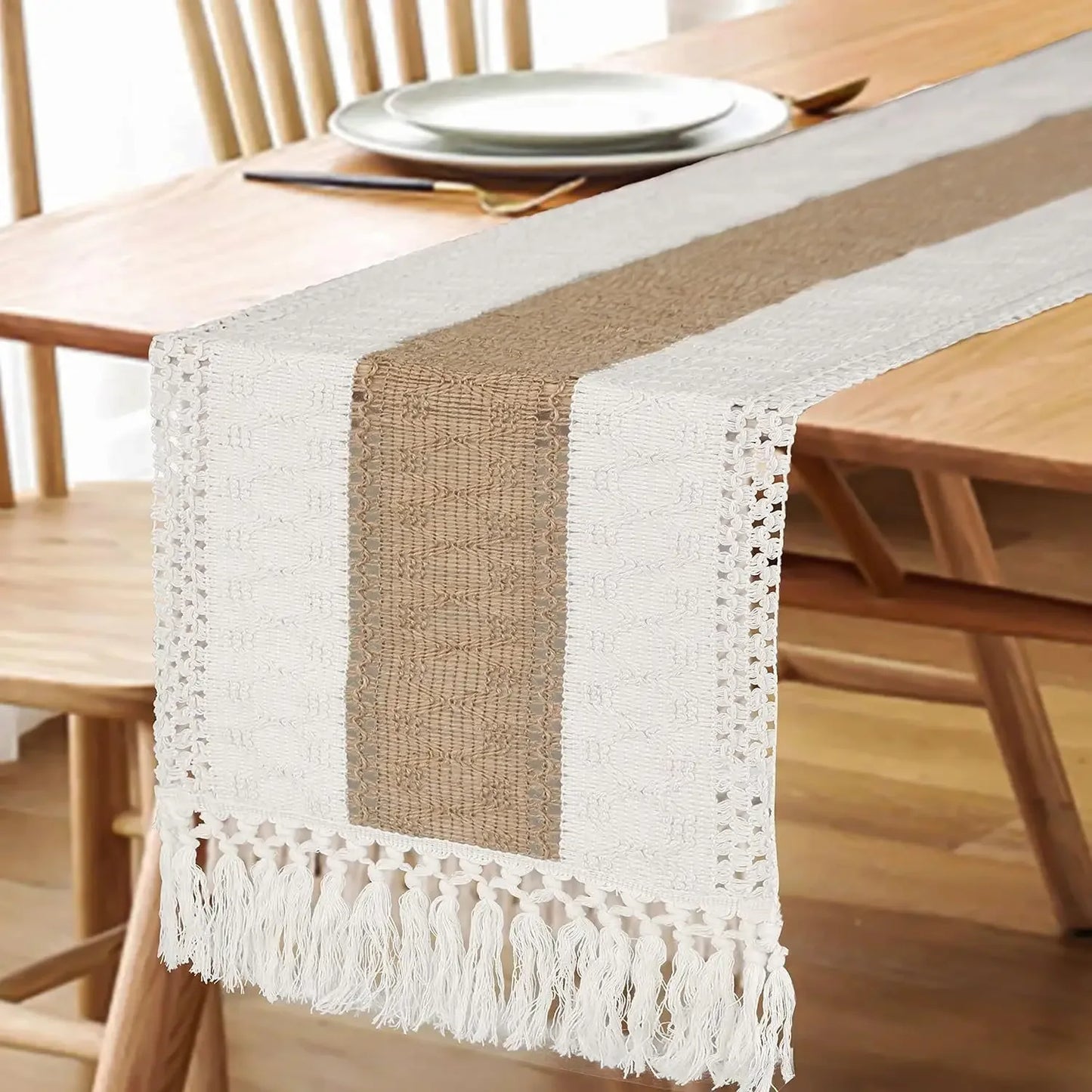 Macrame Boho Table Runner – Rustic Cotton Linen with Tassels (72" Natural) - Nanna's Unique Findings