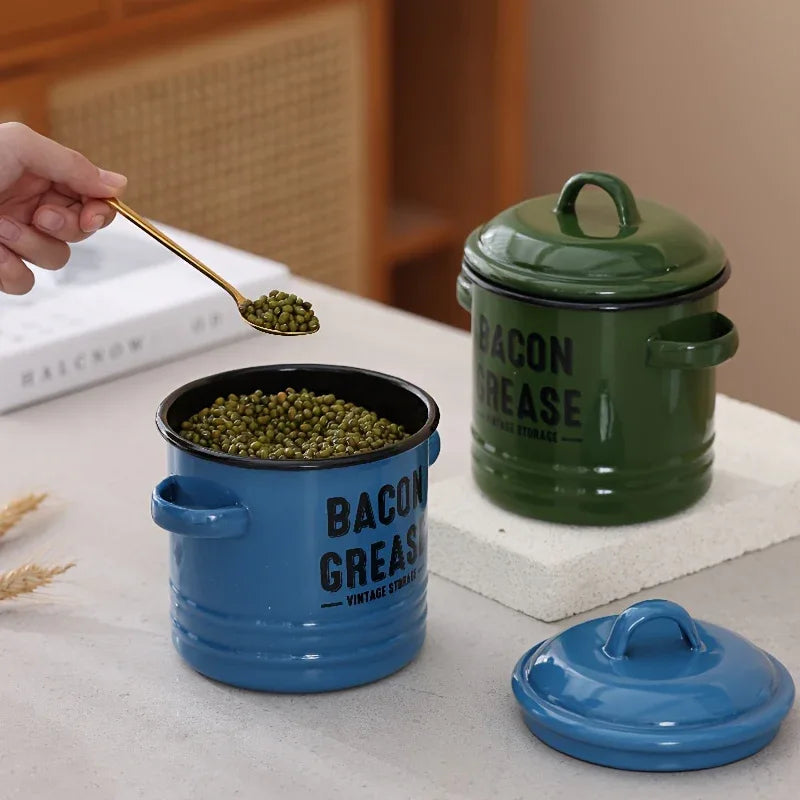 Vintage Enamel Grease Container with Lid – Rustic Kitchen Oil Storage Jar, Large Capacity - Nanna's Unique Findings