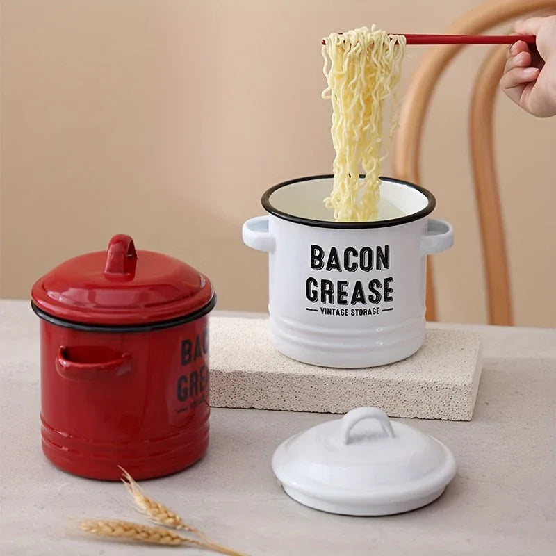 Vintage Enamel Grease Container with Lid – Rustic Kitchen Oil Storage Jar, Large Capacity - Nanna's Unique Findings