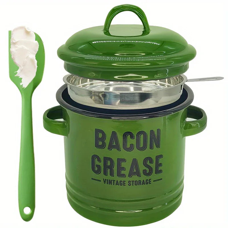 Vintage Enamel Grease Container with Lid – Rustic Kitchen Oil Storage Jar, Large Capacity - Nanna's Unique Findings