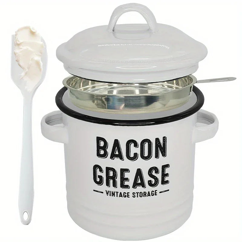 Vintage Enamel Grease Container with Lid – Rustic Kitchen Oil Storage Jar, Large Capacity - Nanna's Unique Findings