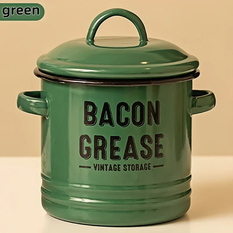 Vintage Enamel Grease Container with Lid – Rustic Kitchen Oil Storage Jar, Large Capacity - Nanna's Unique Findings