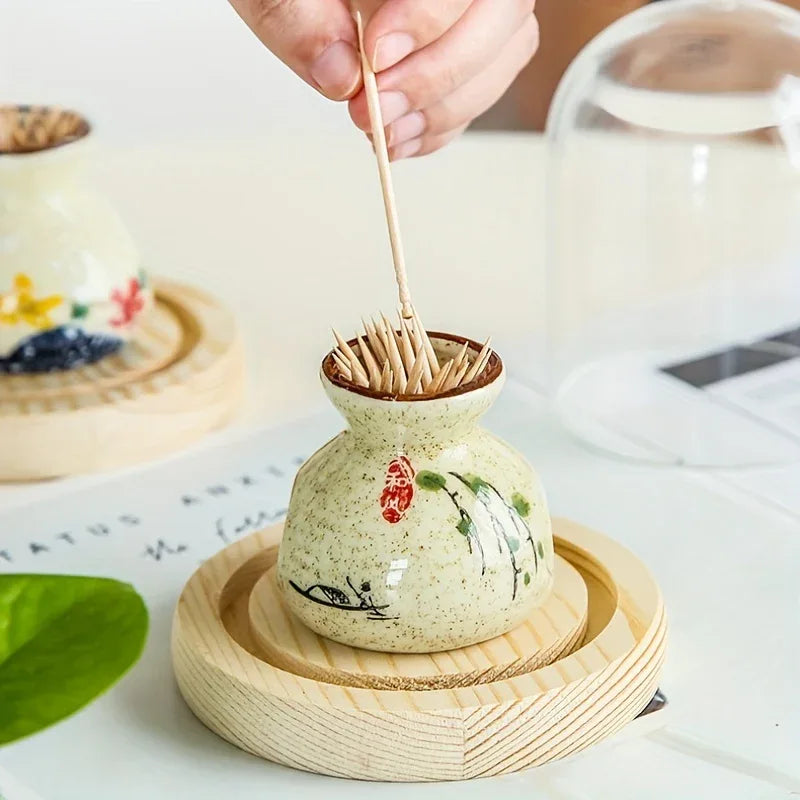 Vintage Ceramic Toothpick Holder – Rustic Floral & Fish Design Kitchen Jar, Glossy Cream Finish - Nanna's Unique Findings