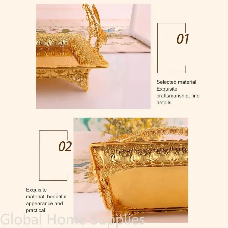 ✨ Gold Vintage Zinc Alloy Serving Tray – European Style with Handles - Nanna's Unique Findings