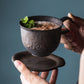 Person holding a dark ceramic cup with a green leafy garnish against a blue background