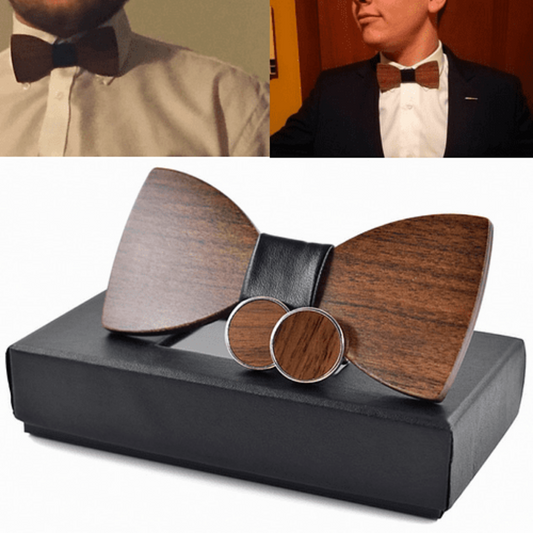 Wooden bow tie and cufflinks set on a black display stand with two people wearing suits in the background.